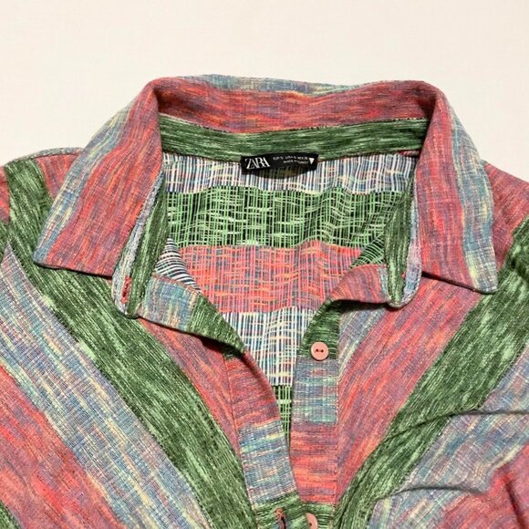 Zara Striped Green Pink Runched Knit Mini Dress Size Small - Picture 2 of 16